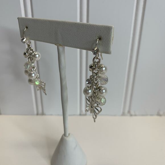Butterfly Silver Pearl Crystal Bead Dangle Earrings 1 3/4" - Picture 2 of 4
